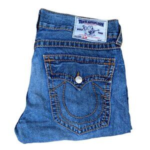 VINTAGE True Religion Jean Shorts Size 34 Orange Stitch SLIM Blue